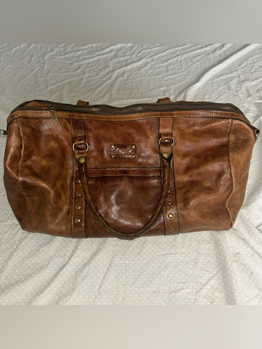 Patricia Nash Milano Leather Weekender Duffle Bag-Distressed Cognac Brown